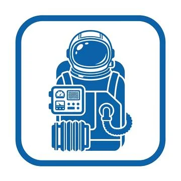Astronaut spacesuit with life support system and helmet gear in blue square.. Stock Illustration