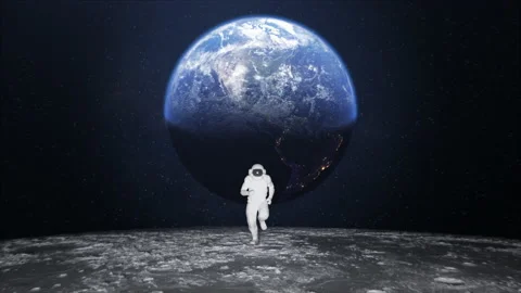 Astronaut in spacesuit run with low gravity on moon surface.Planet earth visible Stock Footage 239719879