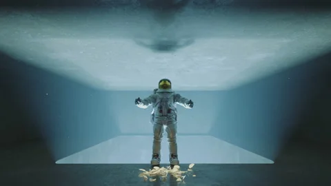 Astronaut spreading arms and falling down into a brightly lit pit. Space station Stock Footage 219928872