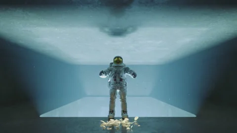 Astronaut spreading hands and falling into bright path or opened hatch. Sci-fi Stock Footage 218453499
