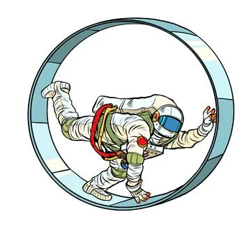An astronaut in a squirrel wheel. Routine monotonous work. A man in captivity of Stock Illustration