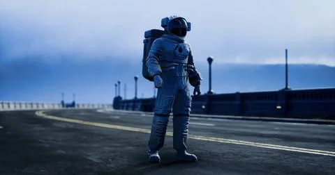 Astronaut standing on an empty road under a cloudy sky at twilight Illustrazione stock