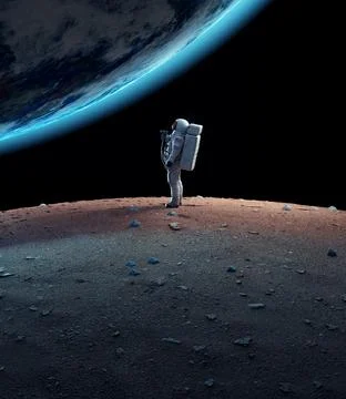 Astronaut standing in front of earth in space.  Futuristic and space concept. Stock Illustration