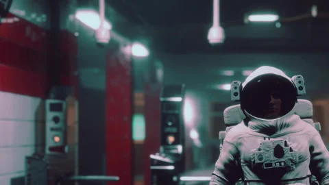Astronaut standing in a futuristic interior with soft lighting and shadows Stock Footage 345007724