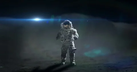 Astronaut Standing on Moon During Apollo Mission Animation Sun Flare Stock Footage 76145706