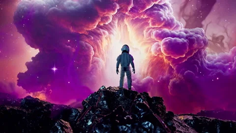 Astronaut Standing On Rock on Alien Planet Wormhole Bending Laws of the Universe Video stock 239458335
