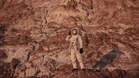 Astronaut standing on a rock opens the flap of his helmet. the sun is shining Vídeo Stock 159663589