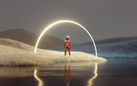 Astronaut standing under a sci fi structure on surreal land. Futuristic con.. Stock Illustration