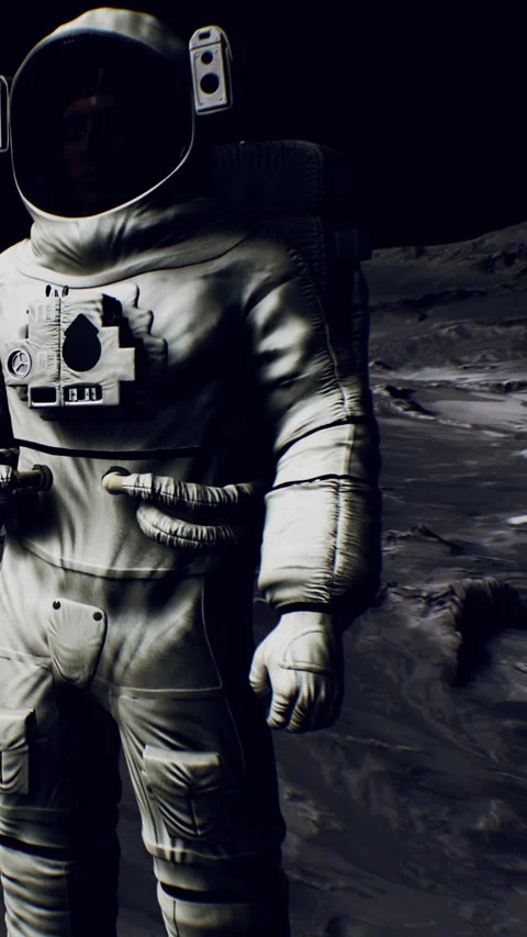 Astronaut stands on the moon with a dark background showing lunar surface Stock Footage 344961447
