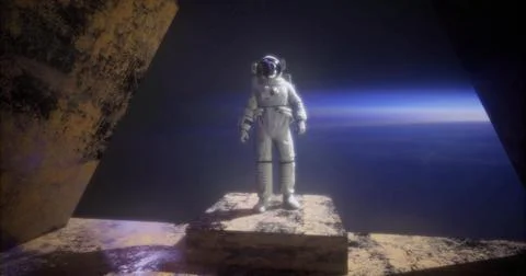 Astronaut stands on a platform in an otherworldly setting above Earth Stock Illustration