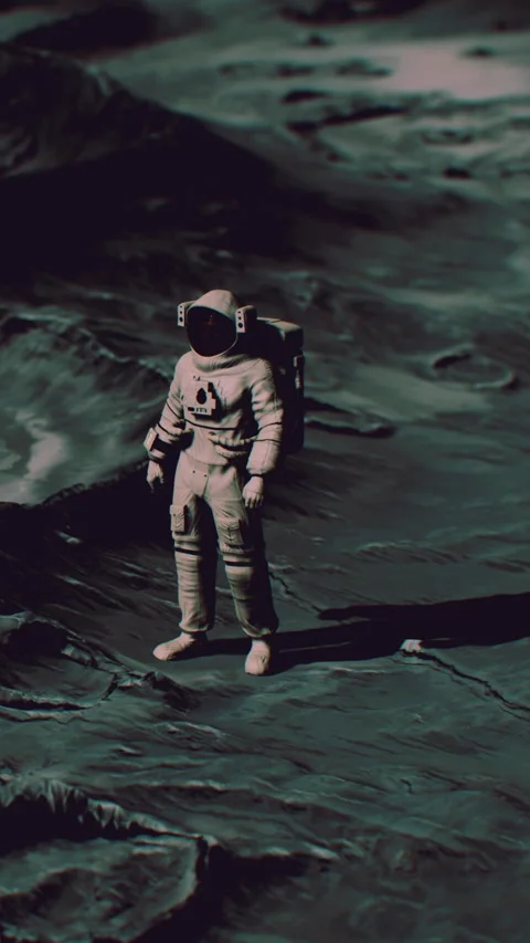 Astronaut stands on the surface of a distant moon during a space mission Stock Footage 344961498
