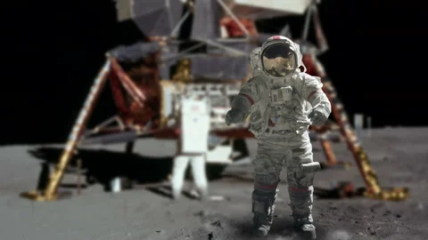 Astronaut stood on lunar surface in front of landing capsule Video stock 154473470