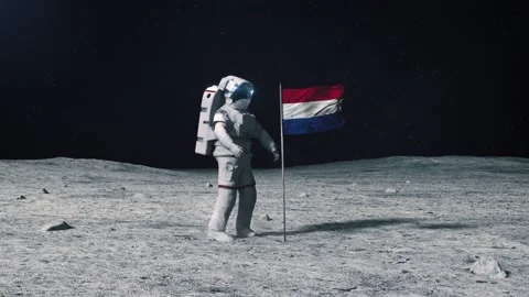 Astronaut surface of moon Netherlands flag on Moon Holland dutch flag. Stock Footage 168386410