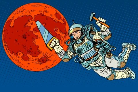 Astronaut with tools for building a colony on Mars Illustrazione stock
