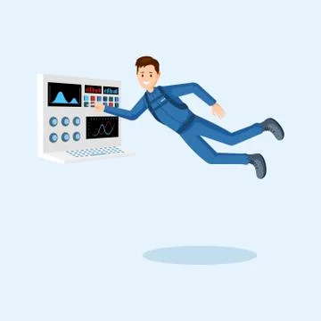 Astronaut training flat vector illustration. Cosmonaut pressing button on Stock Illustration