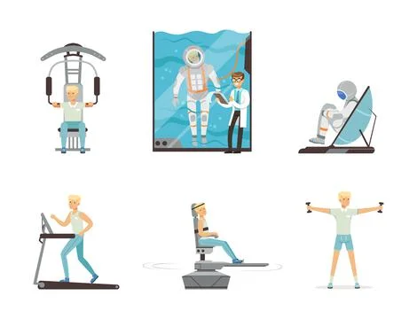 Astronaut training with simulator machines preparing for space flight set Stock Illustration