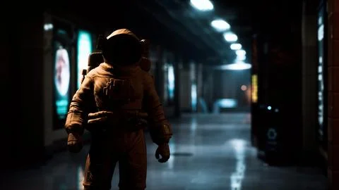 Astronaut at underground metro subway 스톡 일러스트