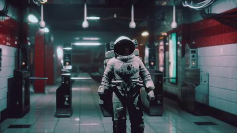 Astronaut at underground metro subway 스톡 일러스트