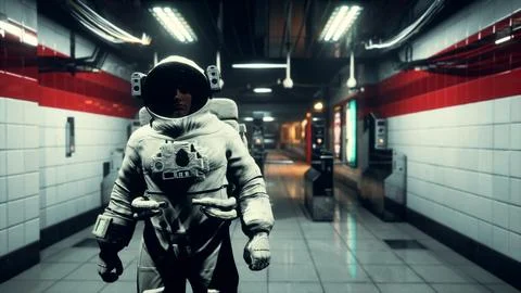 Astronaut at underground metro subway 스톡 일러스트
