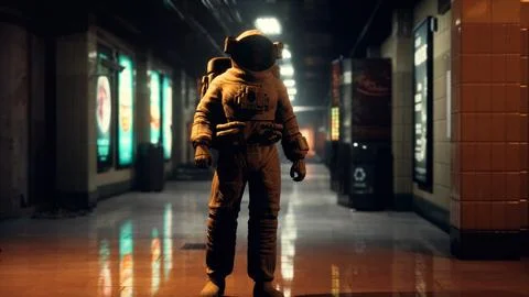 Astronaut at underground metro subway 스톡 일러스트