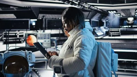 Astronaut using tablet to check space station analytics after completing mission Stock Photos