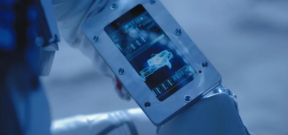 Astronaut using touch screen Stock Photos