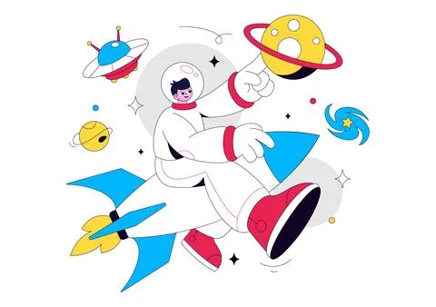 Astronaut Vector Illustration Featuring Space Exploration, Floating Cosmona.. Ilustración de archivo