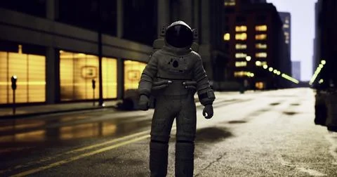 Astronaut walking alone on an empty city street during twilight hours Stock Illustration