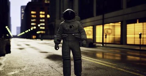 Astronaut walking alone on an empty urban street at night Stock Illustration