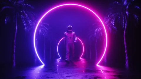 Astronaut Walking Between Palms and Neon Frames Video stock 247356469