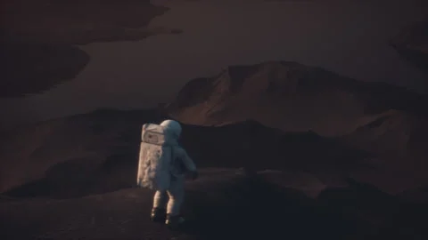 An Astronaut walking carefully on a moon called Titan near a lake Stock-Footage 240322047