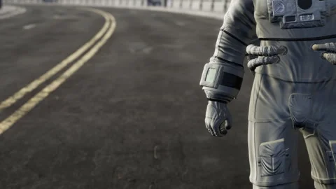 Astronaut walking on empty road in daytime Stock Footage 340978092