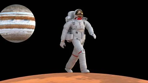 Astronaut walking on mars with jupiter planet Stock Illustration