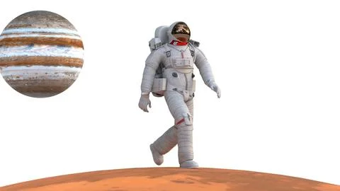 Astronaut walking on mars with jupiter planet Stock Illustration
