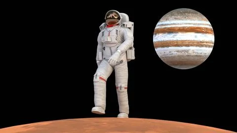 Astronaut walking on mars with jupiter planet Stock Illustration