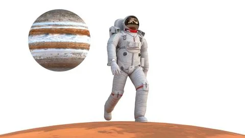 Astronaut walking on mars with jupiter planet Stock Illustration