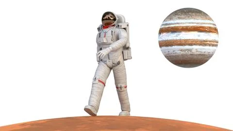 Astronaut walking on mars with jupiter planet Stock Illustration
