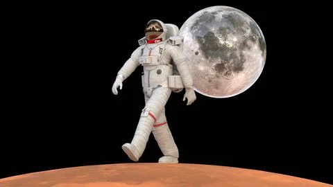 Astronaut walking on mars with moon Stock Illustration
