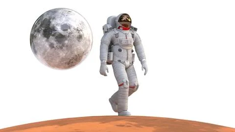 Astronaut walking on mars with moon Stock Illustration