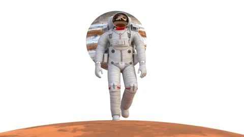 Astronaut walking on mars surface with jupiter planet white background Stock Footage 306166579