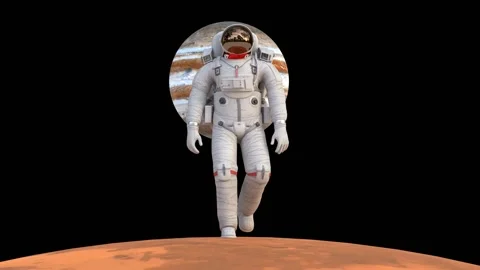 Astronaut walking on mars surface with jupiter planet Stock Footage 306166580