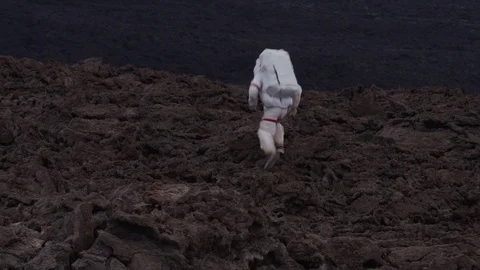 Astronaut walking in a Martian desolate landscape, Mauna Loa Volcano, Hawaii Stock Footage 104206111