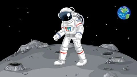 Astronaut Walking on the Moon Surface with Earth in Background Stock Illustration