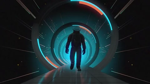 An Astronaut walking on the space road through metal circles Stock Footage 234140519