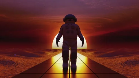An astronaut walking in the sunset Stock Footage 234104936