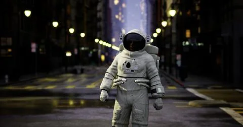 Astronaut walking through a dimly lit urban street at night Stock Illustration
