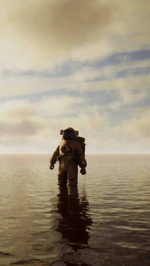 Astronaut walking on water under a cloudy sky at sunset Stock Footage 346680767