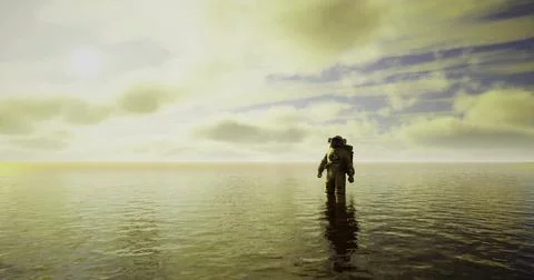 Astronaut walking on water under a cloudy sky at dawn Stock Illustration