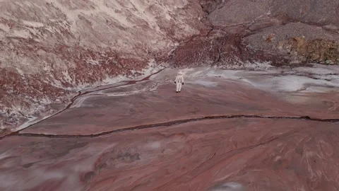The astronaut walks cautiously from hill to stream. aerial photography Stock Footage 159664589