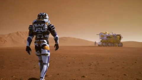 Astronaut walks on the surface of Mars to the Rover, through a dust storm Stock Illustration